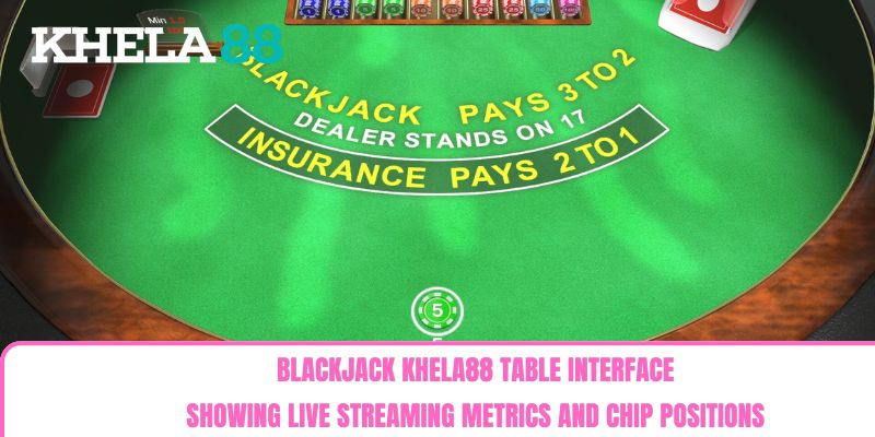 Blackjack khela88 table interface showing live streaming metrics and chip positions